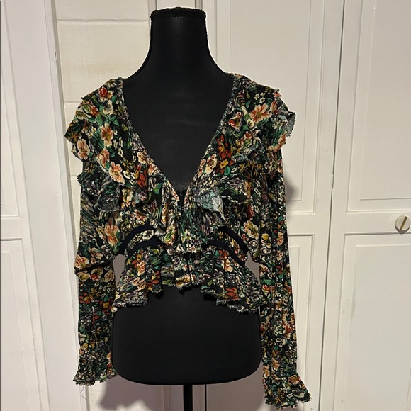 Free People Floral Ruffle Blouse - Black and Green - Picture 9 of 11
